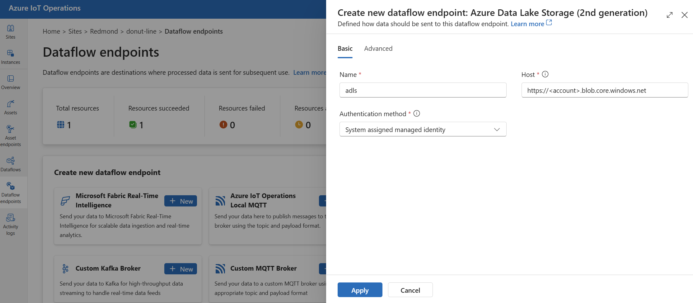 Screenshot using operations experience to create a new ADLS V2 data flow endpoint.