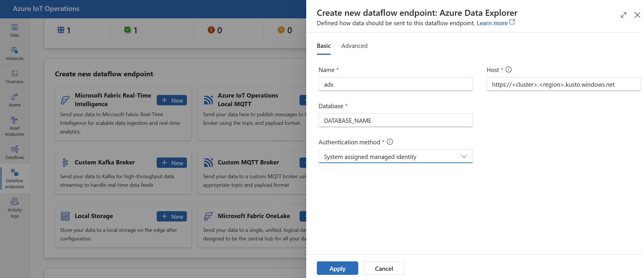 Screenshot using operations experience to create an Azure Data Explorer data flow endpoint.