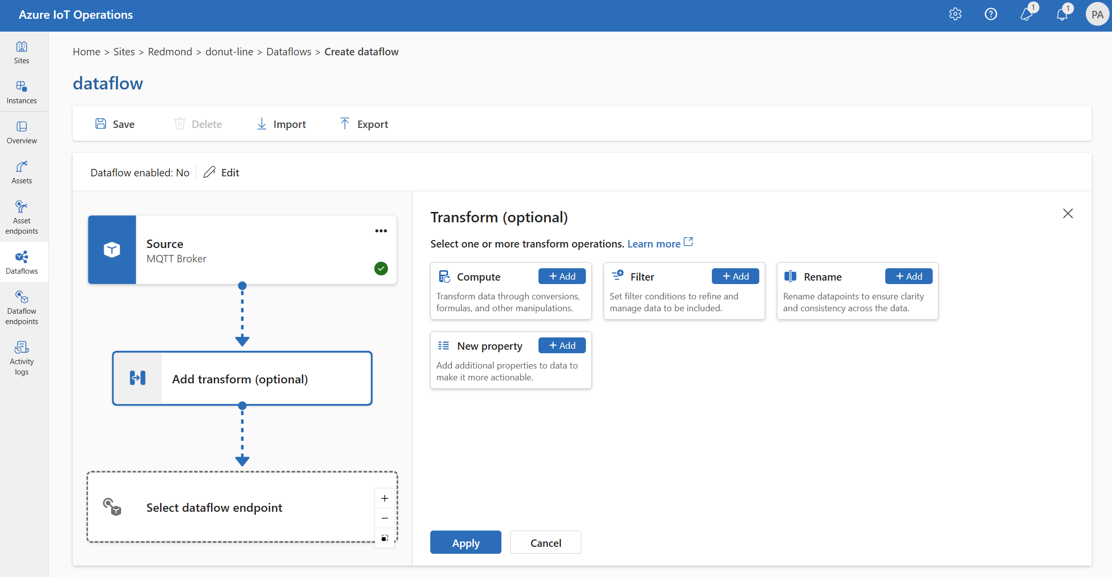 Screenshot using operations experience to add a transform to a dataflow.