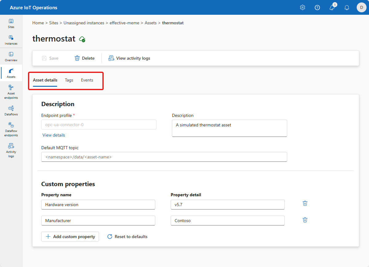 A screenshot that shows how to update an existing asset in the operations experience.