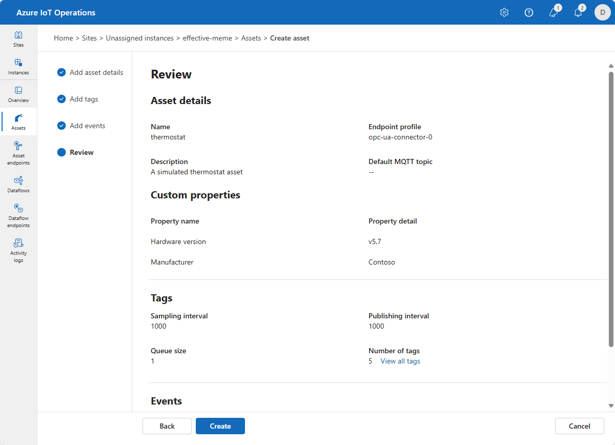 A screenshot that shows how to review your asset, tags, and events in the operations experience.