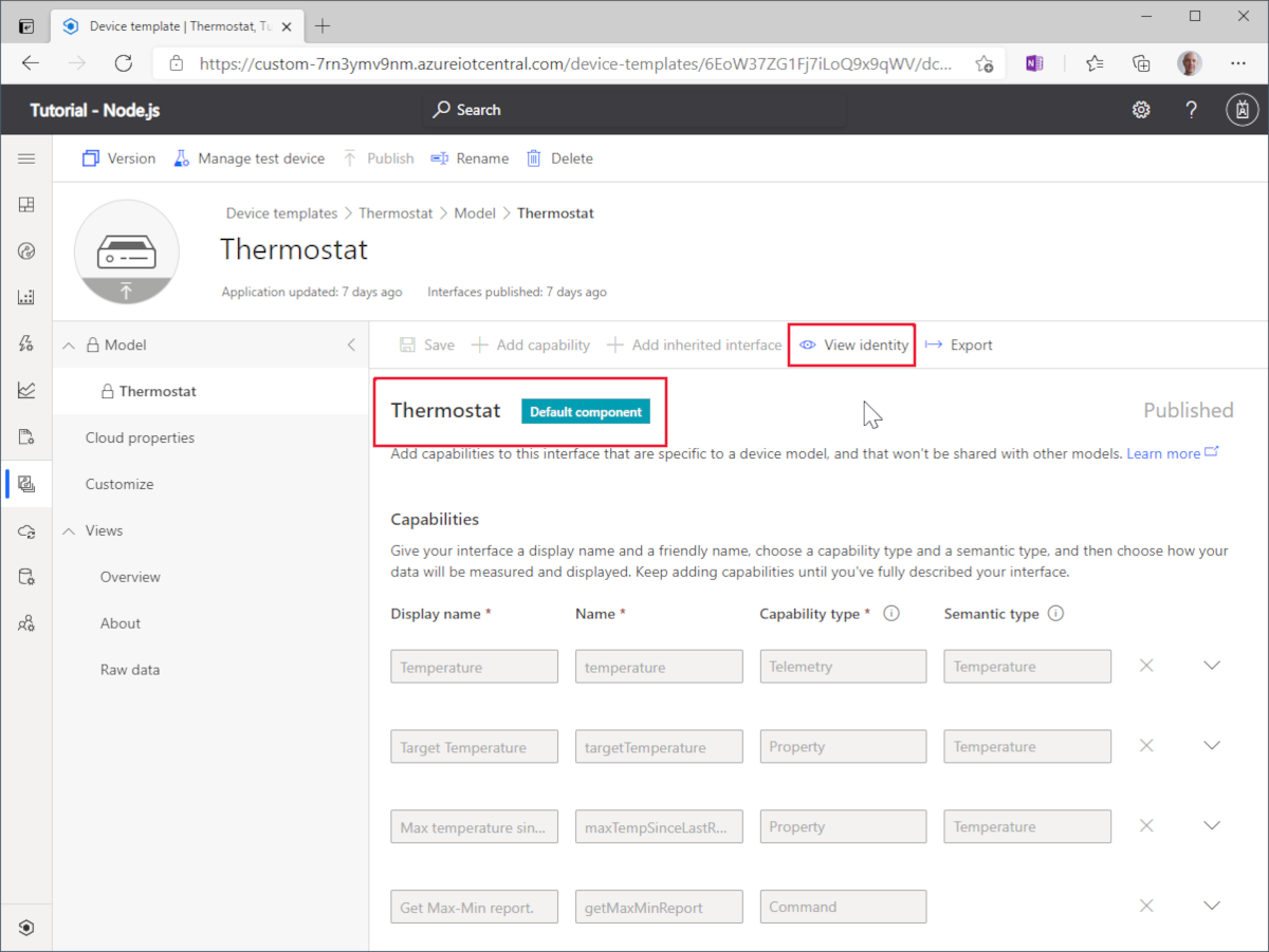 Screenshot showing Thermostat model in IoT Central device template designer tool.