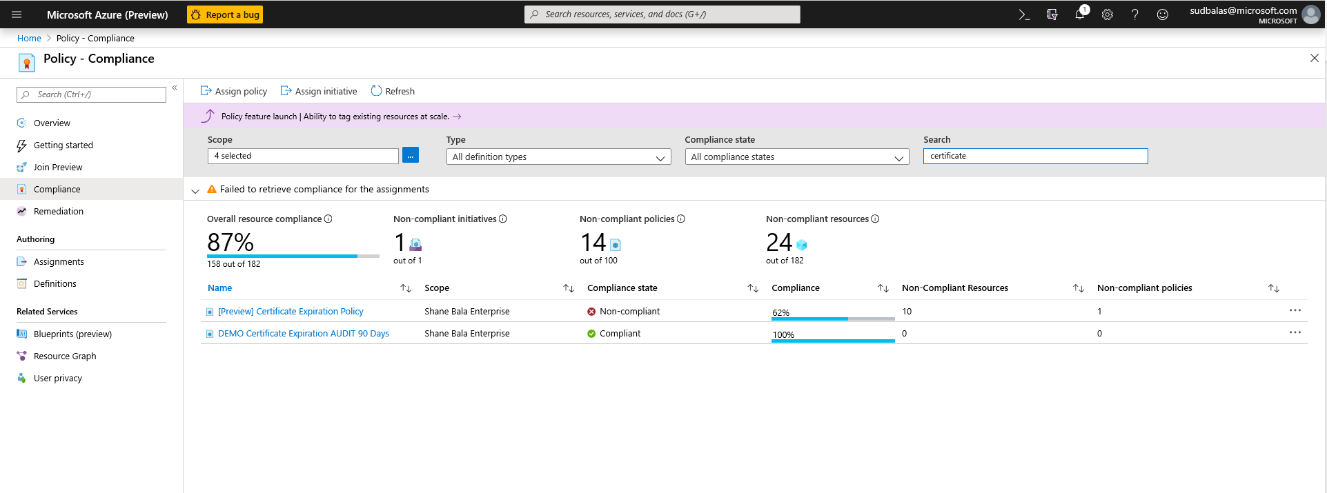 Screenshot that shows the Compliance tab where you can select the policy assignment you want to view compliance results for.