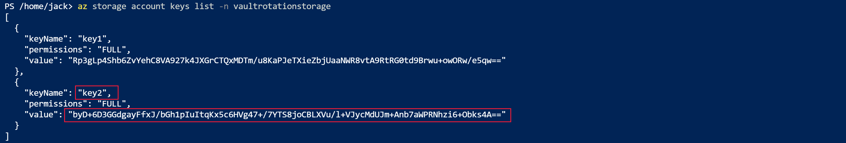 Screenshot that shows the output of the A Z storage account keys list command for the first storage account.