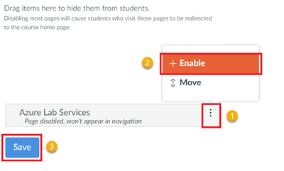 Screenshot of enabling Lab Services app in course navigation.