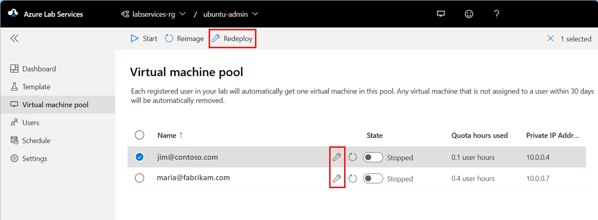 Screenshot that shows the virtual machine pool in the Lab Services web portal, highlighting the Redeploy button.