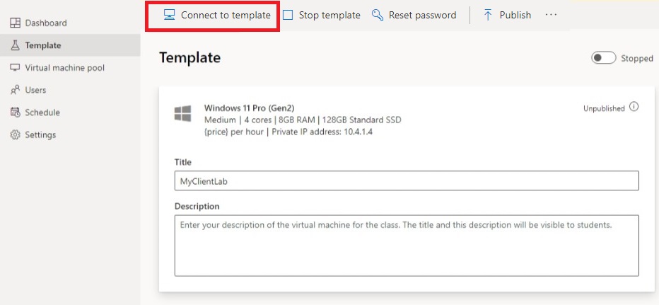 Screenshot of Azure Lab Services template page. The Connect to template menu button is highlighted.