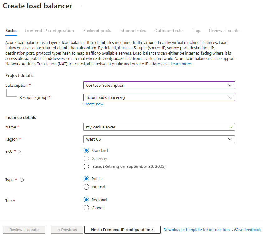 Screenshot of create standard load balancer basics tab.