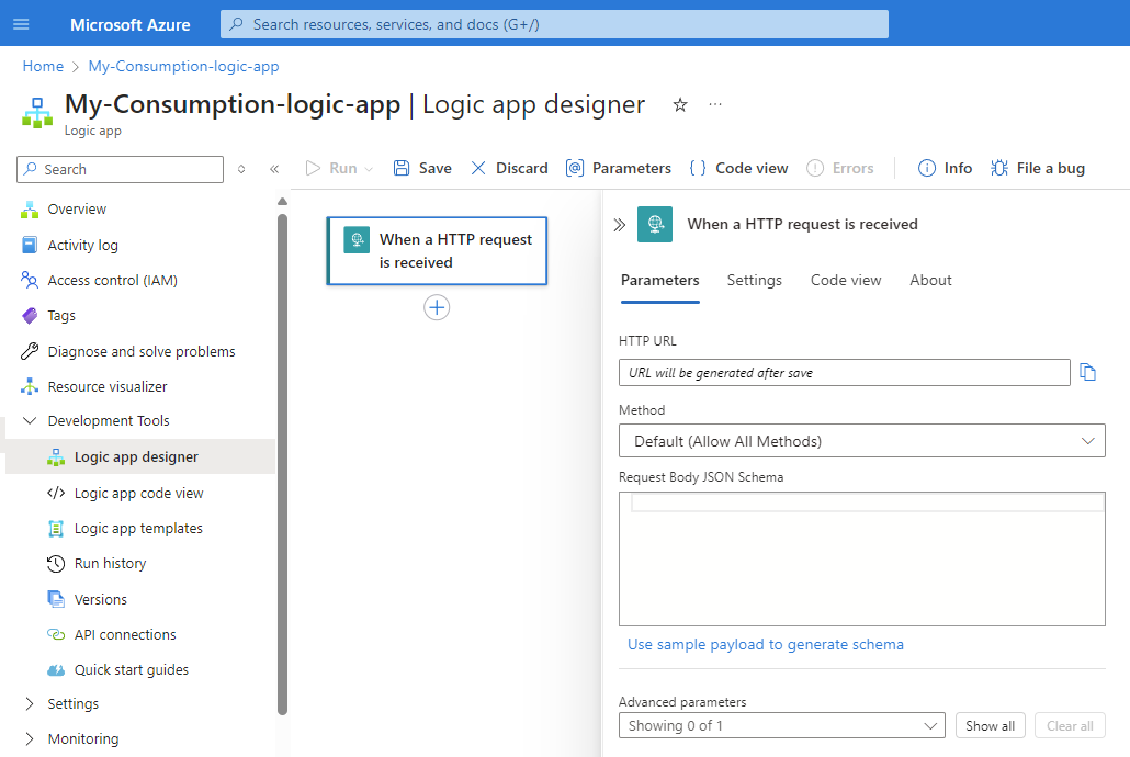 Screenshot shows Consumption workflow with Request trigger.