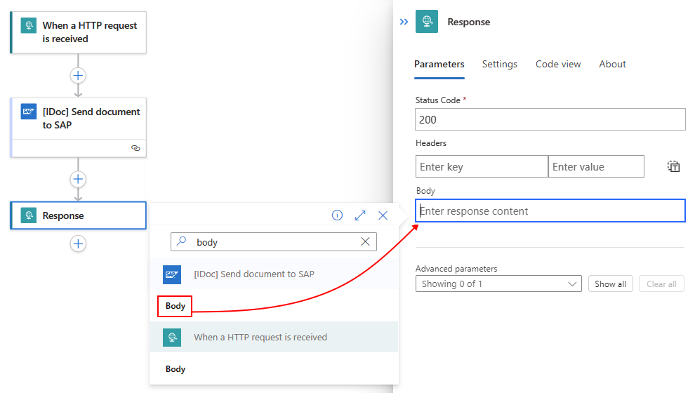 Screenshot shows Standard workflow, Response action, dynamic content list, and selected Body output from SAP action.