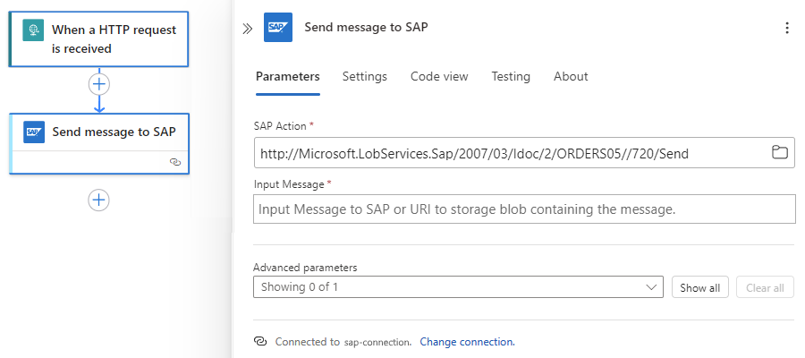 Screenshot shows Consumption workflow, action named Send message to SAP, and SAP Action box with manually entered path for SAP action named Send.