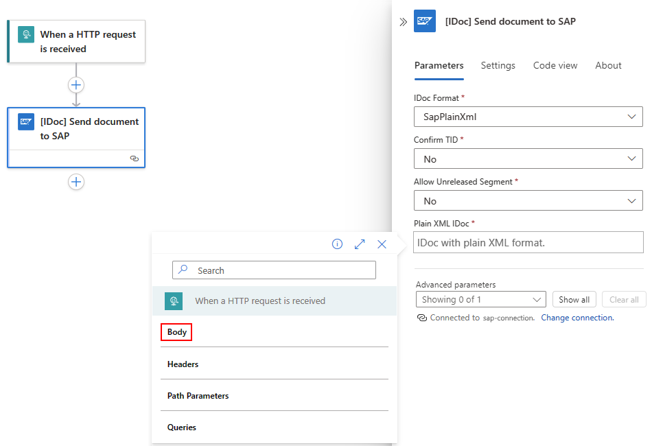 Screenshot shows selecting the Request trigger's output named Body for Standard workflow.