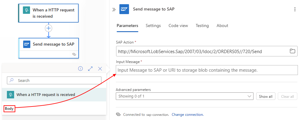 Screenshot shows Consumption workflow, action named Send message to SAP, and Input Message box with dynamic content list and selected Request trigger output named Body.