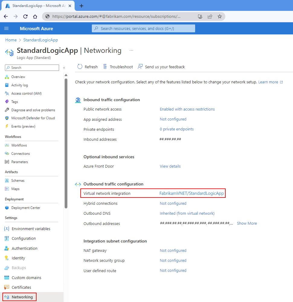 Screenshot shows Azure portal, Standard logic app resource, and Networking page with virtual network integration enabled.