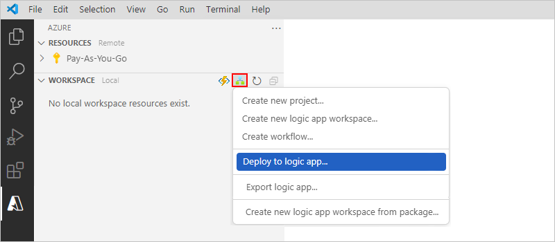 Screenshot shows Azure window, Workspace toolbar, Azure Logic Apps shortcut menu, and selected option for Deploy to logic app.