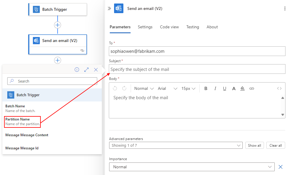 Screenshot shows dynamic content list and selected field for Partition Name property.