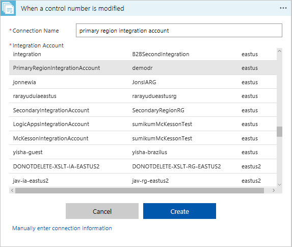 Screenshot that shows where to enter a connection name and select your primary region integration account. 