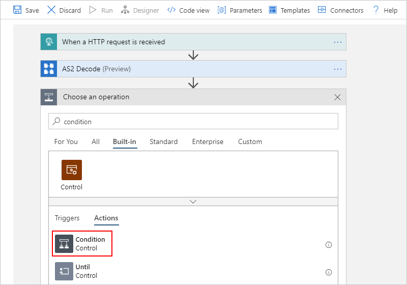 Screenshot showing multi-tenant designer and the "Condition" action.