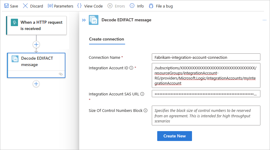 Screenshot shows Standard workflow and connection pane for action named EDIFACT Decode.