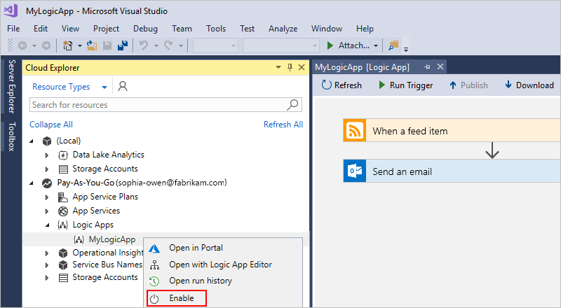 Screenshot shows selected Enable option for logic app in Cloud Explorer.