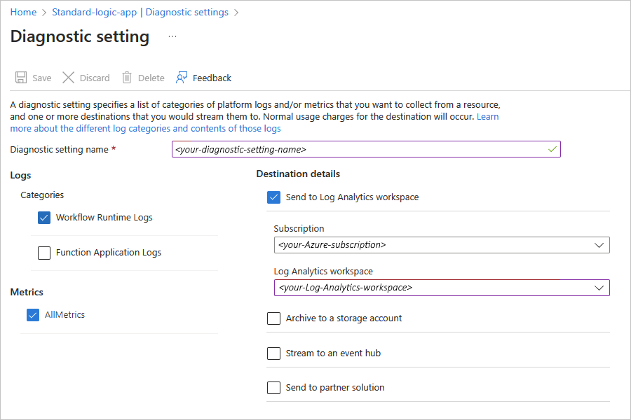 Screenshot showing Azure portal, Standard logic app resource menu with log analytics options selected.