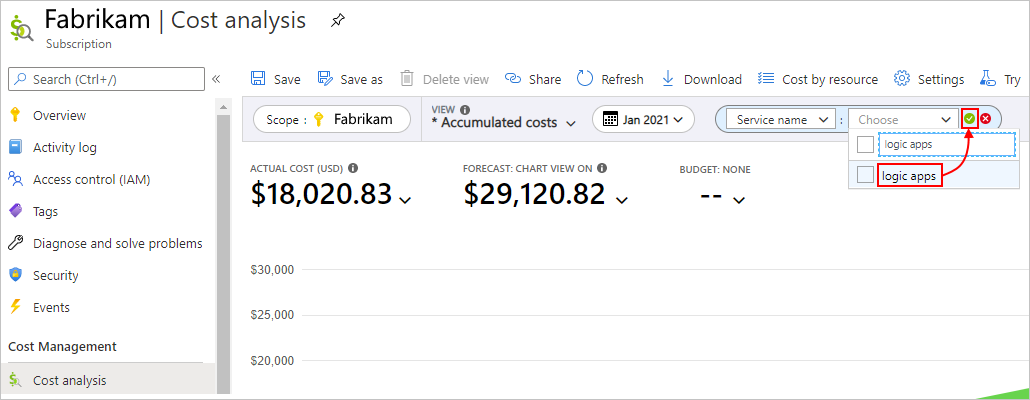 Screenshot that shows Azure portal and cost analysis pane with filter selections.