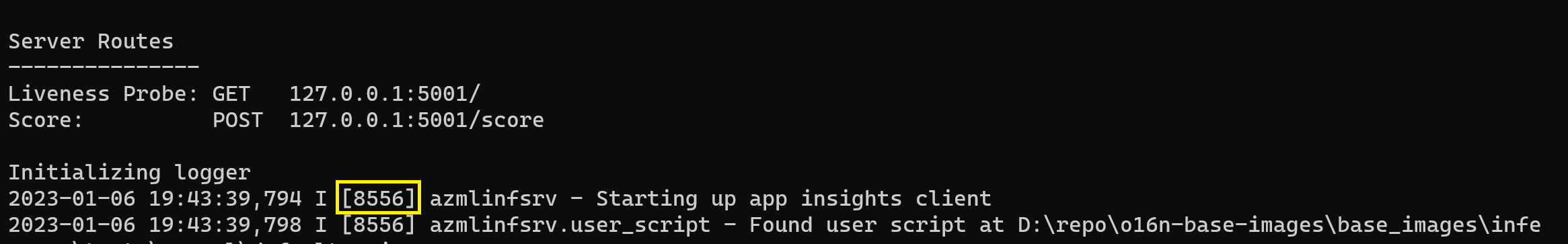 Screenshot that shows a command window displaying logs from the inference HTTP server and the process ID of the azmlinfsrv command highlighted.