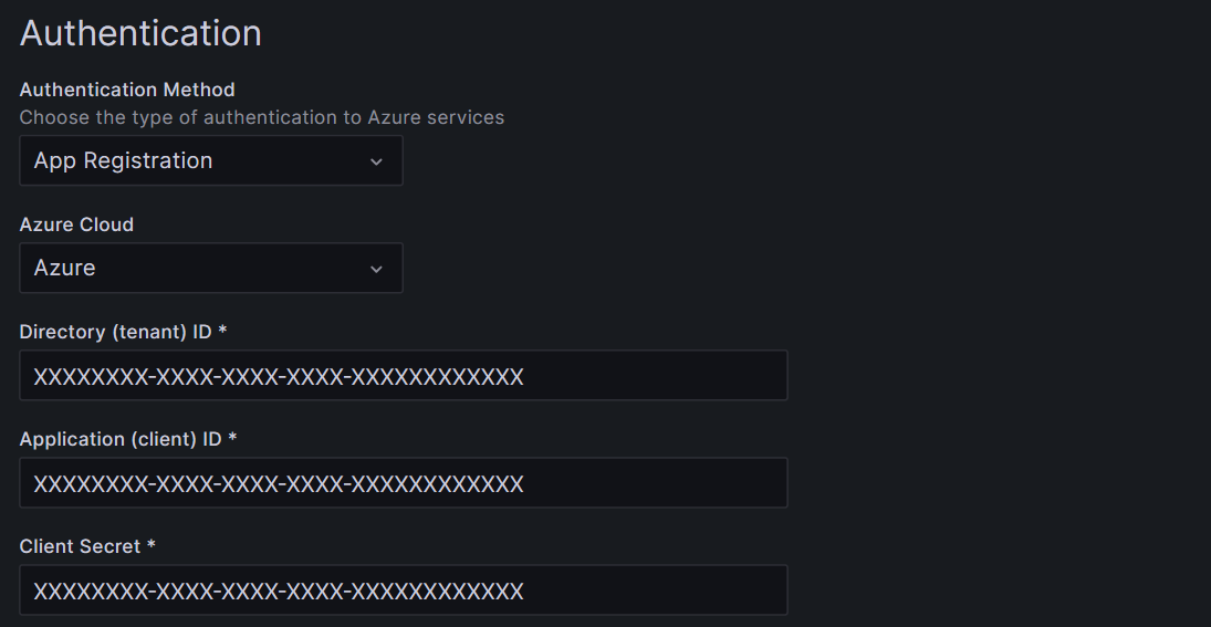 Screenshot of the Azure Data Explorer configuration form for the App Registration authentication method in Grafana.