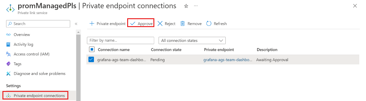 Screenshot of the Azure platform showing the Approve connection action.