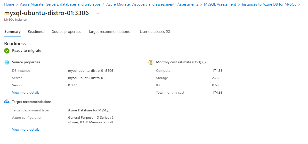 Screenshot that shows the readiness for the assessed MySQL instances.