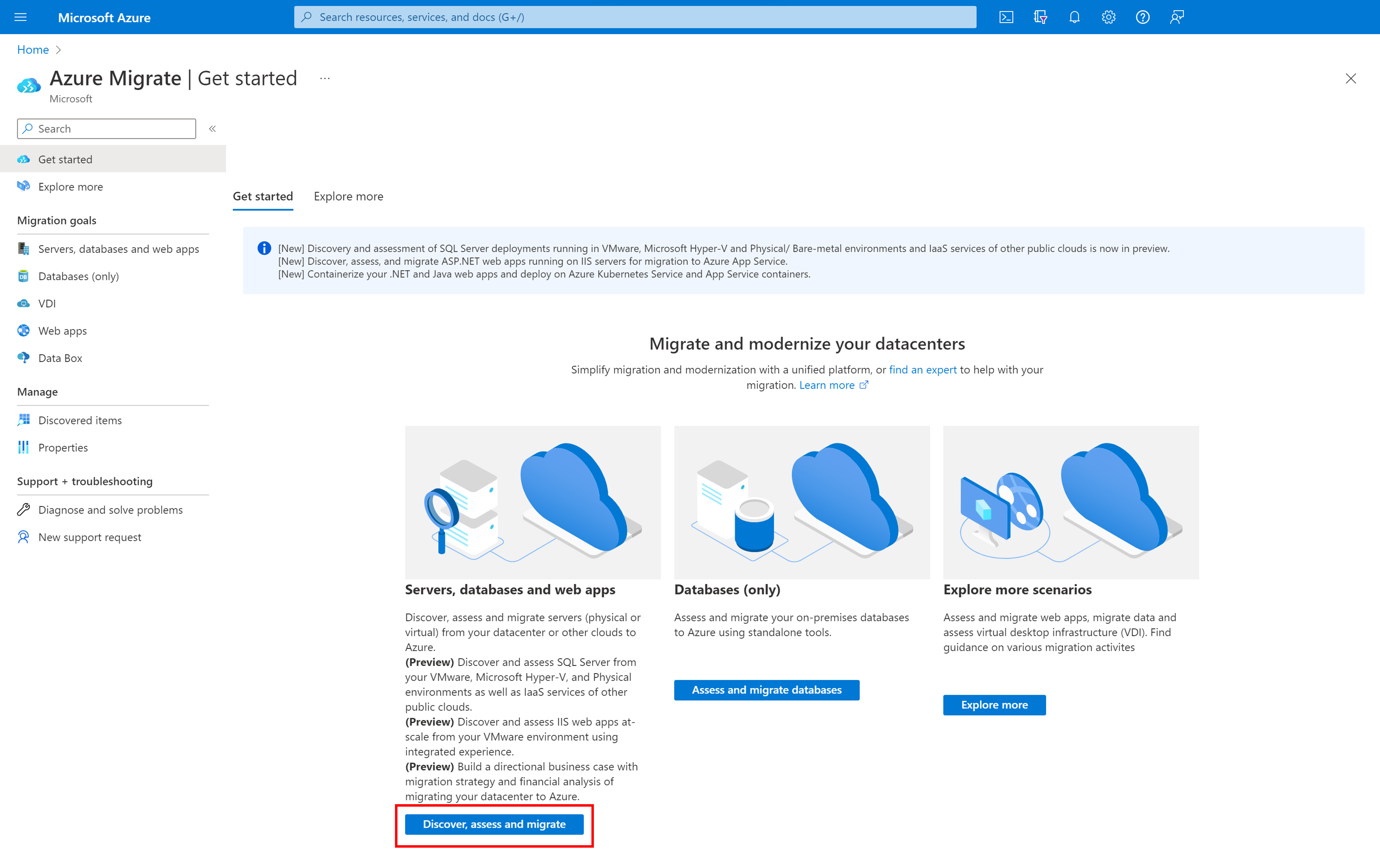 Screenshot of the discover, assess and migrate servers button.