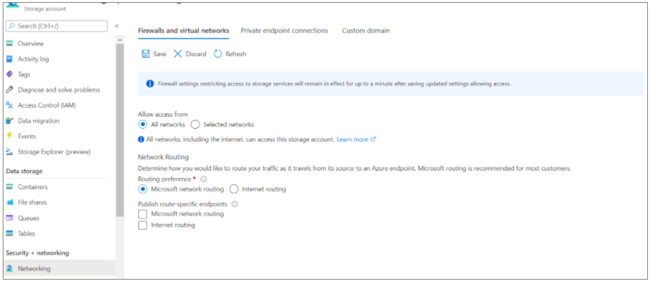 Snapshot of storage account networking properties.