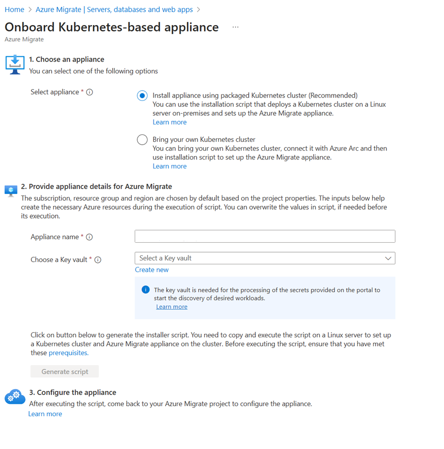 Screenshot that shows the Install appliance using packaged Kubernetes cluster option selected.