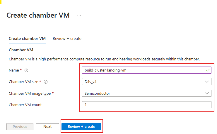 Screenshot of Create chamber VM dialog with textboxes and ReviewCreate button marked in red.