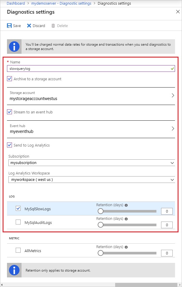 Screenshot of the 'Diagnostics settings' pane for selecting configuration options.