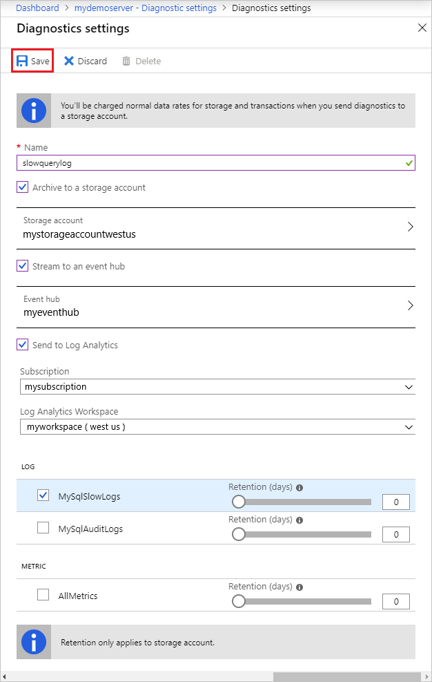 Screenshot of Diagnostic settings configuration options, with Save highlighted.