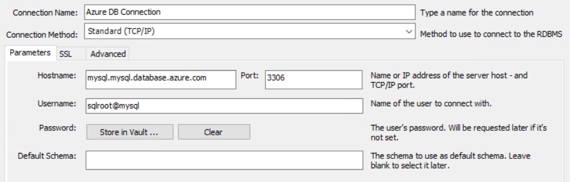 Screenshot of the MySQL connection dialog box.