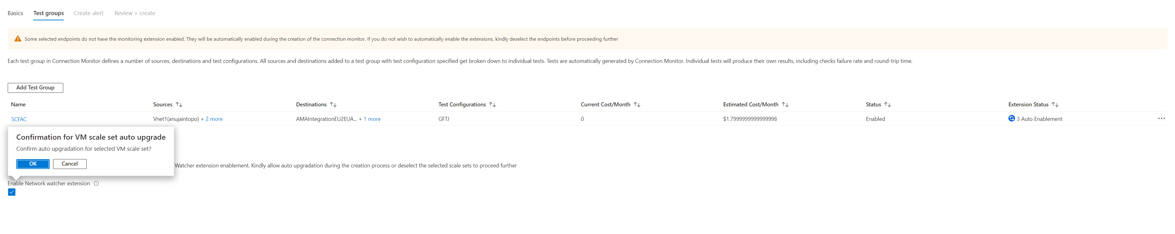 Screenshot that shows where to set up test groups and consent for autoupgrading of a virtual machine scale set in the connection monitor.