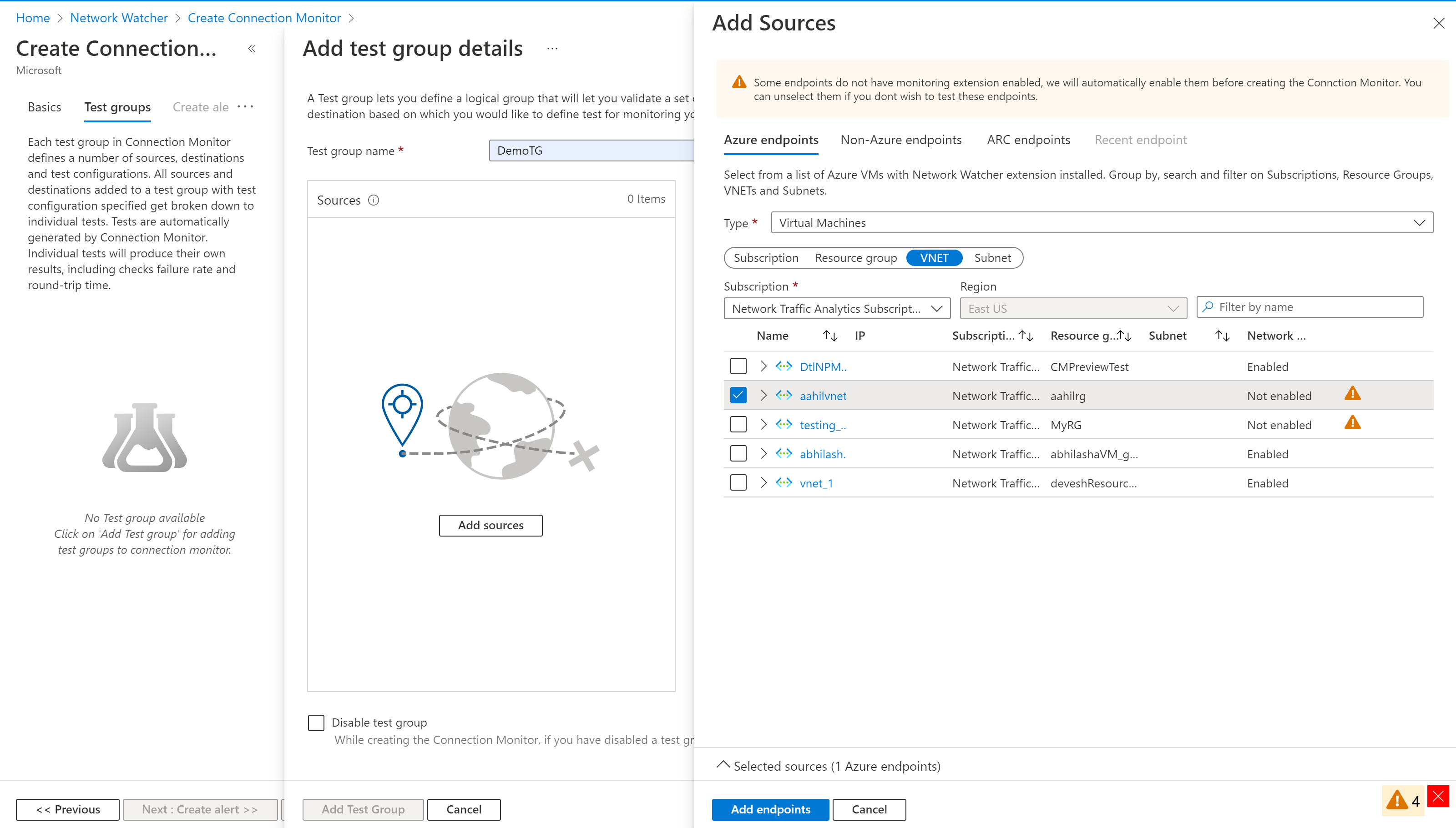 Screenshot that shows the 'Add Sources' pane and the 'Non-Azure endpoints' pane in Connection Monitor with unified enablement.