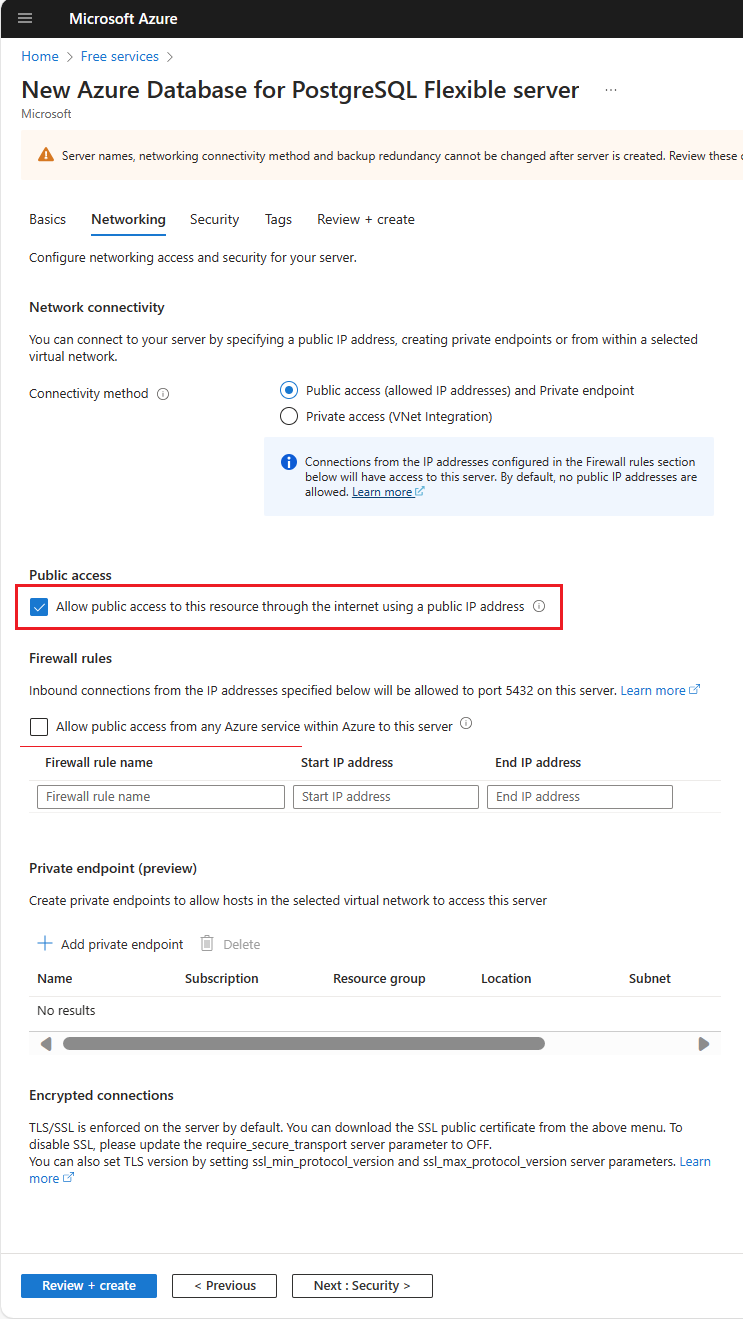 Screenshot that shows the networking options to be chosen, and highlights the add current client IP address button.