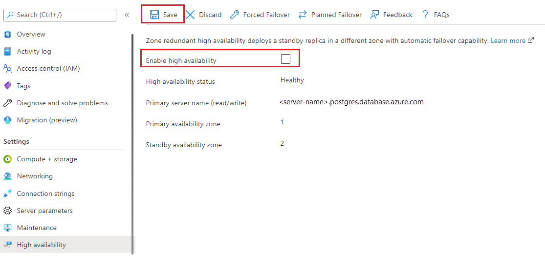 Screenshot showing disable high availability.