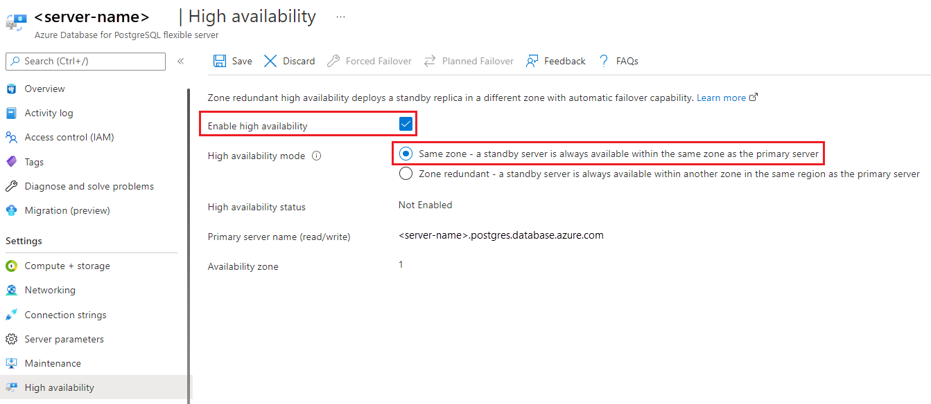 Screenshot to enable same zone high availability.