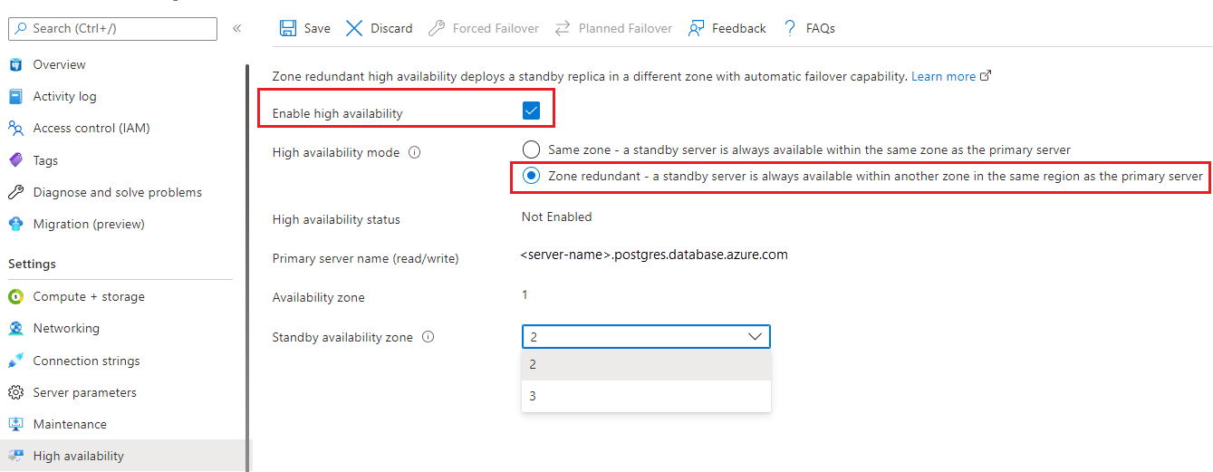 Screenshot to enable zone redundant high availability.