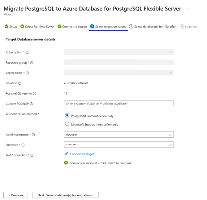 Screenshot of the connect target migration page.