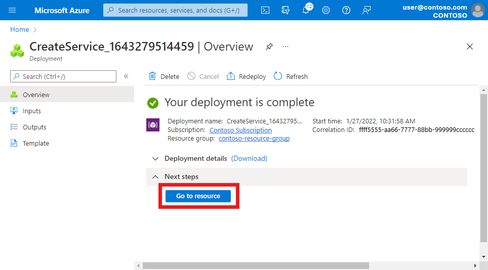 Screenshot of the Azure portal showing the successful deployment of a service and the Go to resource button.