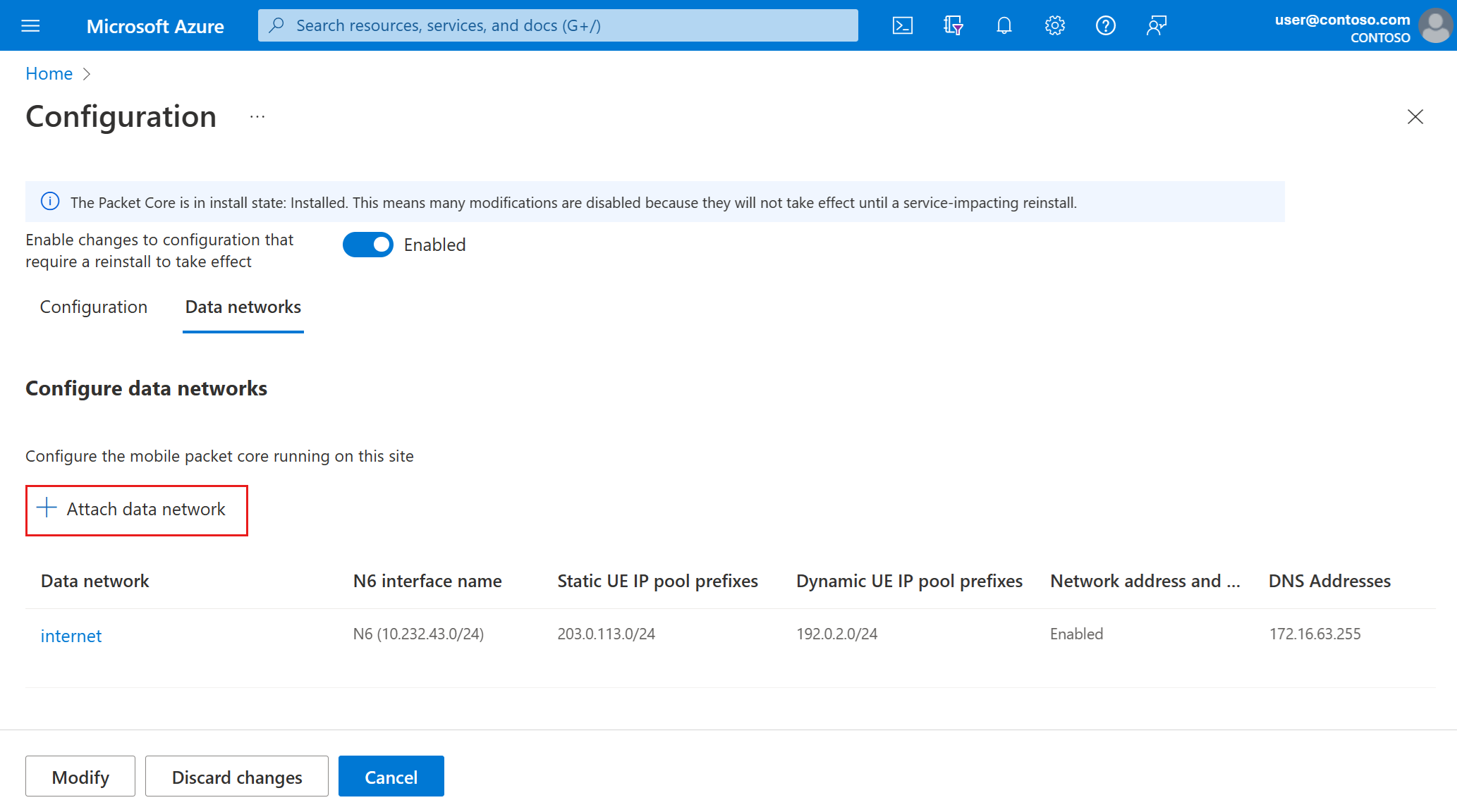 Screenshot of the Azure portal showing the Modify packet core Data networks tab. The option to attach a data network is highlighted.