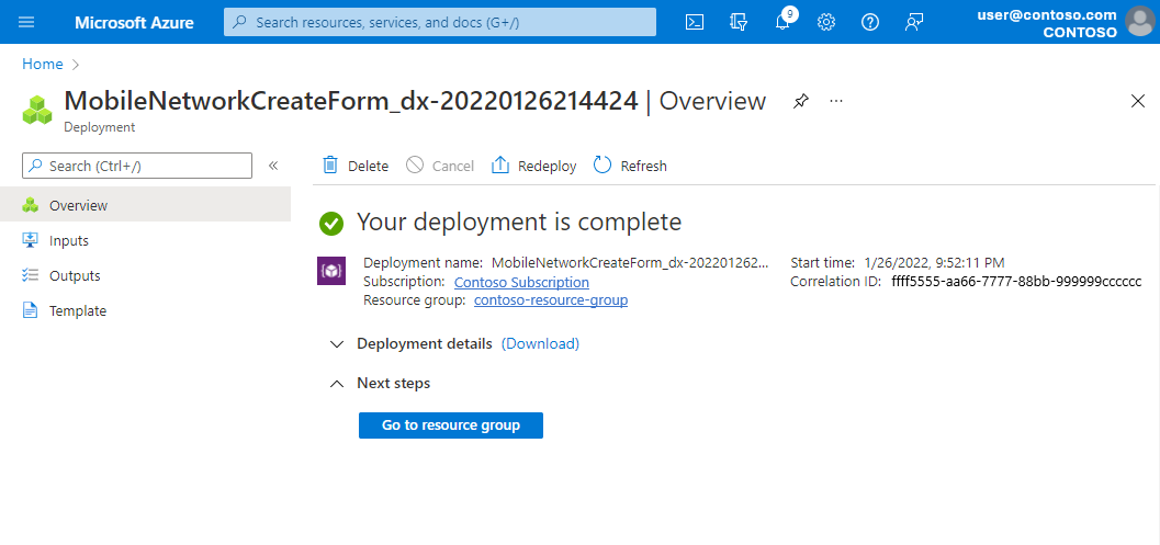 Screenshot of the Azure portal. It shows confirmation of the successful creation of a private mobile network.