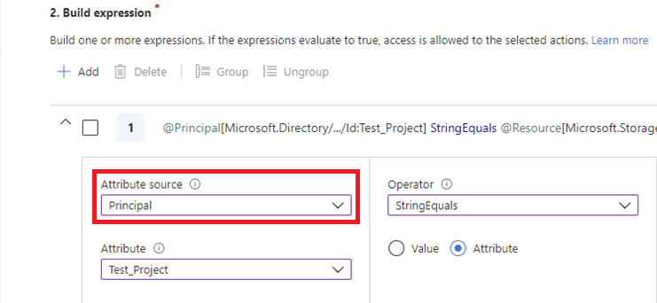 Screenshot showing Principal in Attribute source list when adding a condition.