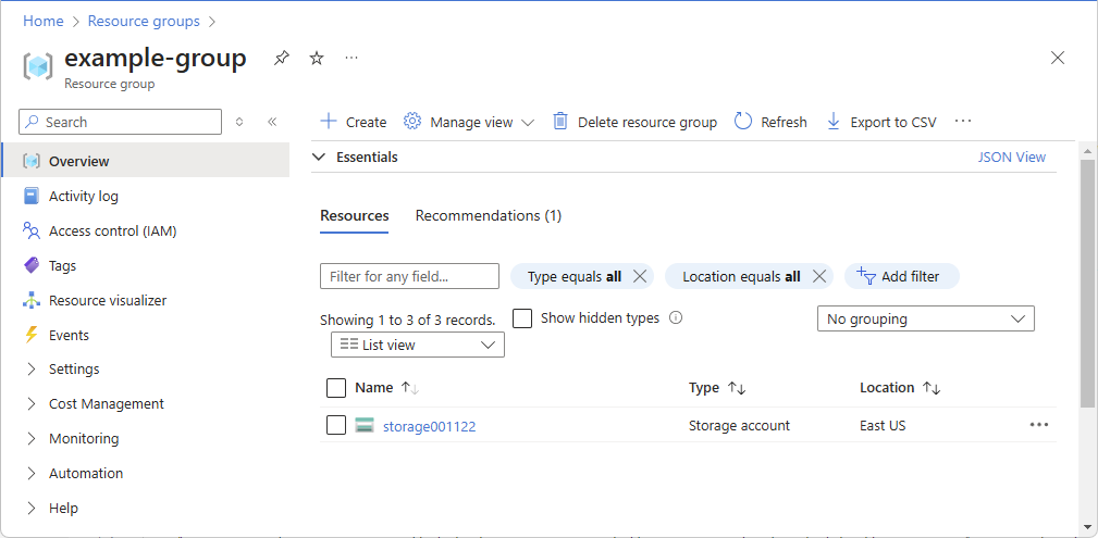 Screenshot of resource group overview page.