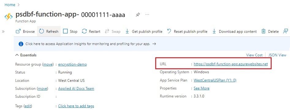 Screenshot of the overview page and Essentials section of the Azure Function app.